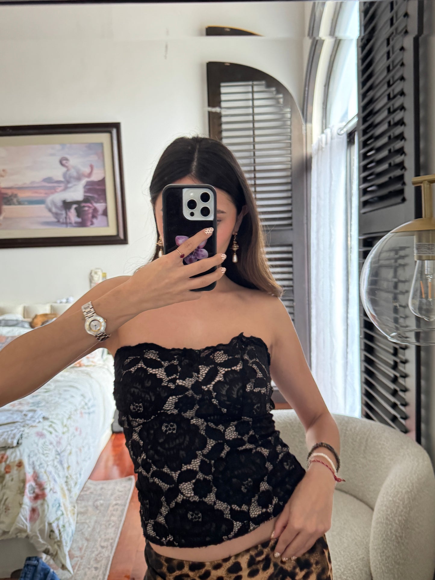 Top Strapless de encaje Negro